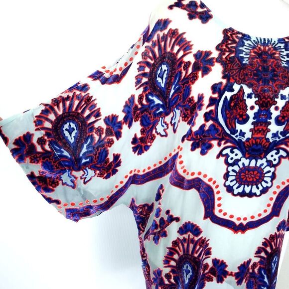 Hale Bob Silk Chiffon Velvet Burnout Blue Orange Kimono Tunic Top Size Small - Picture 4 of 8